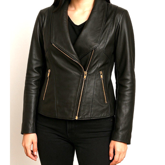 IMAN Womens Motorcycle Jacket Black Zip Up Pockets Wrap Collar Size L - Picture 2 of 9